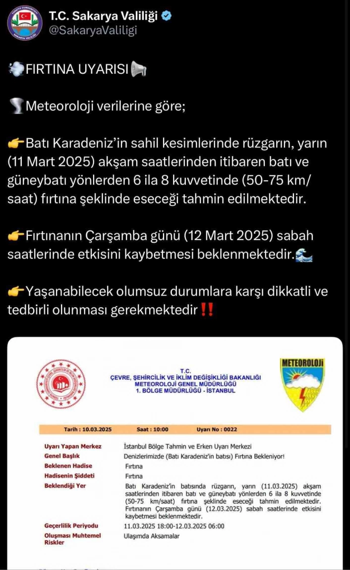 Sakaryanın sahil kesimleri için fırtına uyarısı
